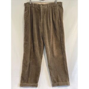 Vintage Corduroy Brown Tan Pants Cotton Wide Leg Pleated  Cuff Trousers‎ Y2K, 38